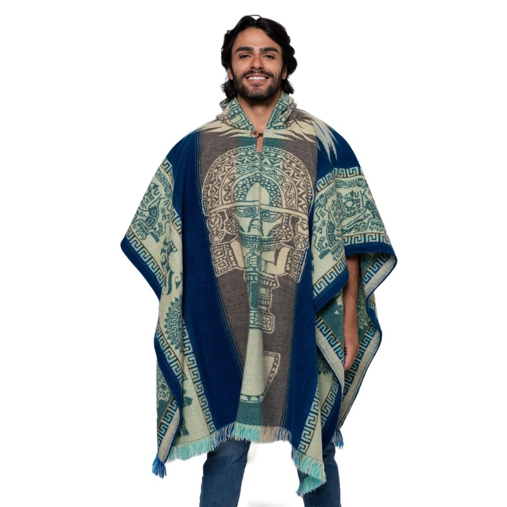 8469, Handmade Ecuadorean Alpaca Wool Ponchos, One Size, Hooded, Button